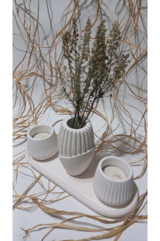 İskandinav Vazolu Tabaklı Tealight Mumluk Set Beyaz Beyaz