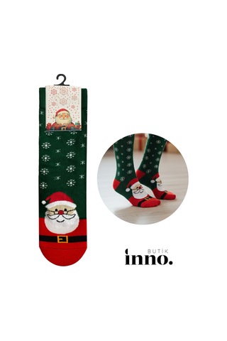 Inno Yılbaşı Desenli Noel Babalı Kraft Kutulu Çorap Tekli Kırmızı