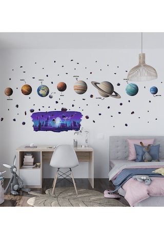 Uzay Temalı Çocuk Odası Duvar Sticker Seti Astronot, Gezegenler & Asteroit 01