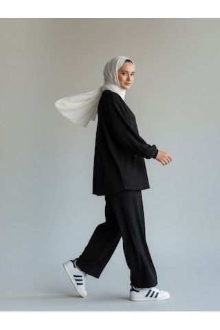 Stilkusagi Kadın Vizon Ön Bağlamalı Bürümcük Kimono Pantolon İkili Takım siyah