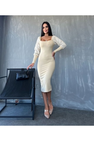 Tua Moda Kadın Kare Yaka Kolları Manşet Ve Tül Detay Fırsat Ürün Midi Boy Elbise Bej