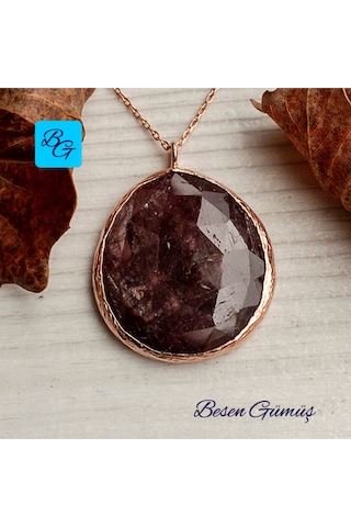 Rose Yuvarlak Doğal Yakut Taşlı Kolye Rose - Gold - Gümüş