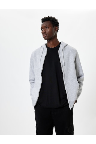Koton Fermuarlı Sweatshirt Kapşonlu Cep Detaylı Pamuk Karışımlı Gri 5wam70016mk Gri