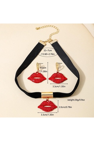 Kadınlar Bayanlar İçin Moda Seksi Ve Çekici Alev Kırmızısı Dudaklar Takı Seti Kırmızı