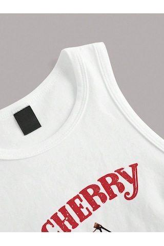 Afri Kadın Beyaz "Cherry" Baskılı Kolsuz Crop Atlet - Yazlık Sokak Stili Beyaz