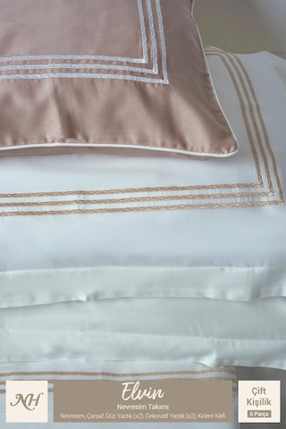 Nazik Saten Nevresim Takımı Çift Kişilik Biyeli Elvin Gri Krem