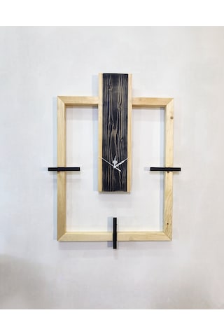 Modern Rustik Geometrik Tasarım El Yapımı Ahşap Duvar Saati - Özel Tasarım Dekoratif Saat Bej - Siyah