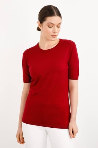 Desen Minimalist Oversize Yuvarlak Yaka Kısa Kol Kadın Bluz - Günlük & Şık Vişne