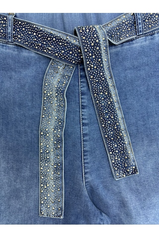 Büyük Beden Kemerli Likralı Taşlı Denim Kadın Pantolon Mavi