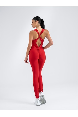 Lismina Kelebek Askılı Arkası Büzgülü Scrunch Butt Spor Tayt Tulum Kırmızı