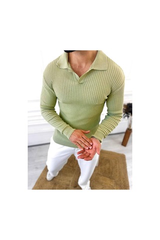 Elku Moda Kazak Slim Fit Polo Yaka Fitilli Yumuşak Dokulu Tüylenmez Sweatshirt Yeşil