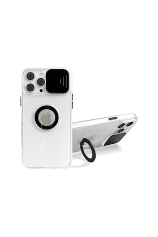 More Tr Ally İphone 12 Pro Max Kılıf Sürgülü Kamera Lens Korumalı Yüzük Standlı Silikon Kılıf Siyah