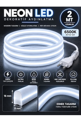 Borsan 2 Metre 6500k Beyaz Neon Led 220v Tak Çalıştır Ip65 Ultra Parlak Esnek Hortum Led Iç Dış Mekan Dekoratif Aydınlatma Montaj Aparatı Dahil 6500K - Beyaz Işık