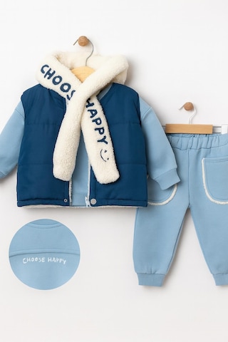 Bebek 3 Lü Kışlık Eşofman Takımı Polar Şallı, Şardonlu Yelekli, Sweatshirt Ve Alt 10697m mavi