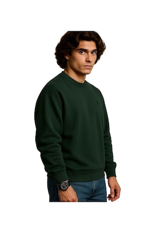 Erkek Büyük Beden 122 Kilo-158 Kilo Arası İçin Uygun Geniş Kalıp Bisiklet Yaka Pamuklu Selanik Kazak Koyu Yeşil