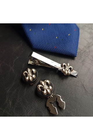 Fleur De Lis Figürlü Geçmeli Kol Düğmesi Ve Kravat İğnesi Seti Gümüş