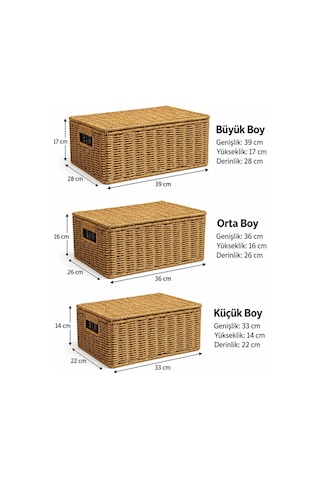 Morponi 3'lü Kapaklı Hasır Rattan Organizer Sepet Shr4404 Sarı