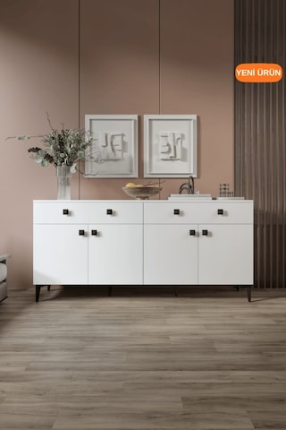 Livia Konsol 180 Cm Beyaz 4 Kapaklı 2 Çekmeceli Modern Konsol Beyaz