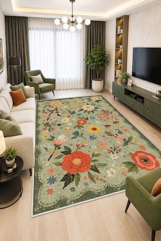 STY Home Yeşi Çiçekli Dijital Baskı Halı Kaymaz Tabanlı Yıkanabilir Halı Yolluk Salon Halısı140 Yeşil