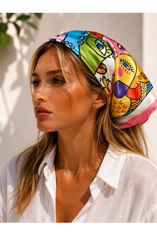 Kumru Studio Renkli Yüz Motifli Bandana Ve Fular Çok Renkli