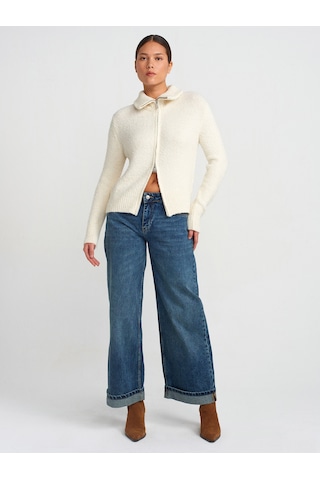 Dilvin 71743 Paçası Kıvrık Geniş Kesim Denim Pantolon Mavi