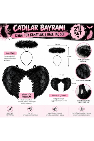 Cadılar Bayramı Siyah Melek Kanadı Ve Hale Taç Seti 2 Parça Kadın Halloween Kostüm Ve Parti Aksesuarı Yetişkin