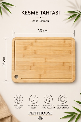 Bambu Kesme Tahtası 26x36 Cm Askılı, Oluklu, Doğal Ahşap Mutfak Kesme Ve Sunum Tahtası Açık Bej