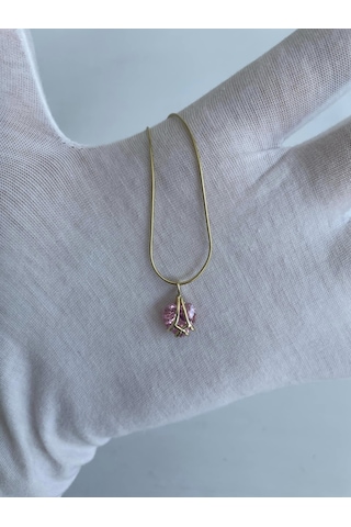 Pembe Kuvars Taşlı Sarı Gümüş Kolye Çok Renkli