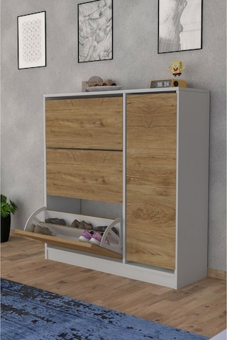 Milano 3 Kapaklı Kayar Raflı Dolaplı Ayakkabılık Meşe Çam