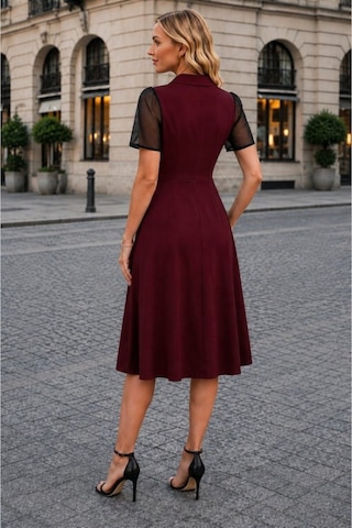 Butik İstanbul Kadın Kısa Kollu Yakalı Önden Düğmeli Midi Ithal Krep Elbise Bordo