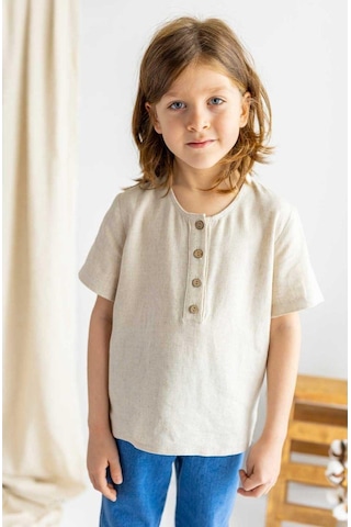 Oliven The Kid Oliventhekid Bej Keten Yarım Patlı Düğmeli Bisiklet Yaka Kısa Kol Erkek Çocuk Gömlek Bej Bej