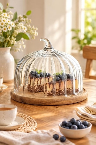 Akasya Ahşap Tabanlı Cam Kek Fanusu 30x24 Cm - Kapaklı Pasta Ve Tatlı Sunumluğu
