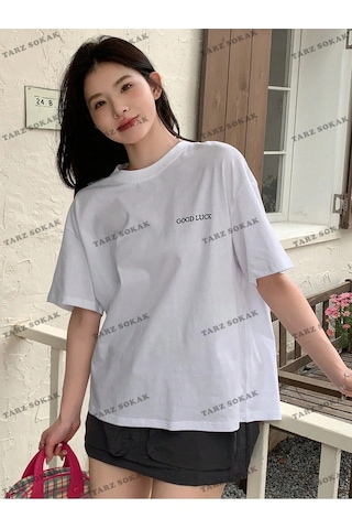 Adrift Good Lucky Baskılı Oversize Kalıp Unisex T-shirt Beyaz