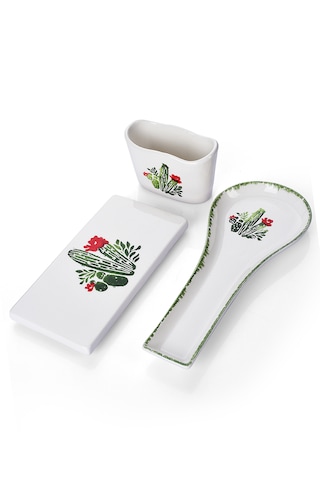 Piatti Naturali 3 Lü Mutfak Seti Kaktüs Kaşık Altlığı Süngerlik Yağdanlık