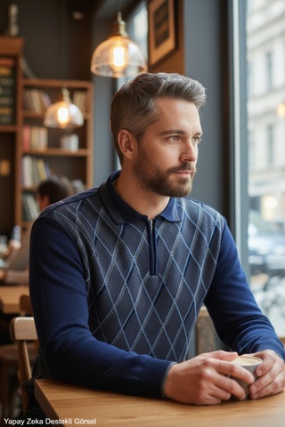 Kamalı Erkek Lacivert Tüylenme Yapmayan Anti Pilling Kumaş Standart Fit Normal Kesim Polo Yaka Triko Kazak