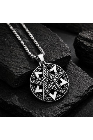 Antik Gümüş Antrasit Renk Paslanmaz Çelik Pentagram Yıldızı Kolye Metalik Gümüş