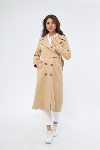 %100 Pamuk Ekstra Uzun 120cm Kruvaze Kadın Trençkot 1121 Açık Bej
