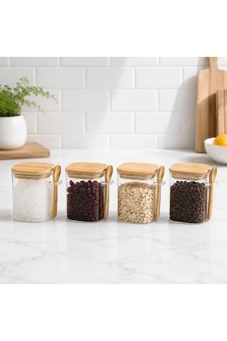450 Ml Kaşıklı Cam Kavanoz 4'lü Set, Bambu Kapaklı Şeffaf Cam Saklama Kabı, Çay Kahve Şeker Baharat Kuruyemiş Kavanozu, Mutfak Düzenleyici Kaşıklı Baharatlık Seti Çok Renkli