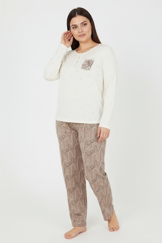 Bravie Üstü Puanlı Altı Çizgi Desenli Elite Viscose Uzun Büyük Beden Pijama Takımı Ekru 3585 Ekru