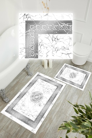 Dijital Baskı Mermer Desen Kaymaz Taban 2li Set Banyo Paspası Klozet Takımı 50x60cm-60x100cm Gri