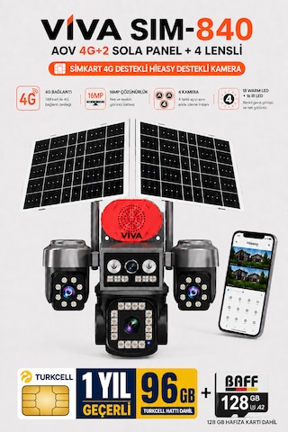Viva Sim-840 Çift Güneş Panelli 4g Sim Kartlı Kablosuz 4 Lensli Güvenlik Kamerası 16mp Ptz 96 Gb İnternetli Sim Kart + 128 Gb Hafıza Kartı Dahil