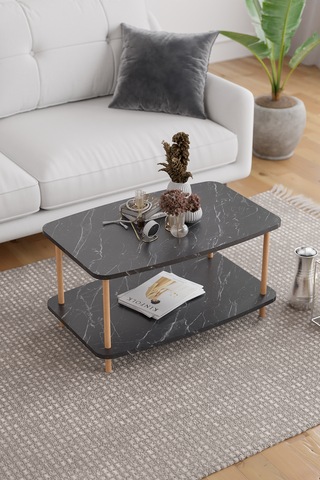 Orta Sehpa Ahşap Ayaklı Sehpa İki Raflı Sehpa-siyah