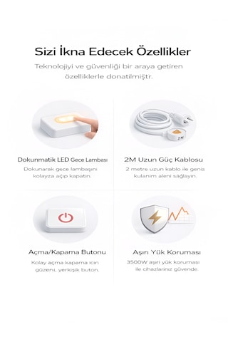 3680w 1050j Akım Korumalı 5li Priz 2 Usb 2 Type-c 3.4a Dokunmatik Led Anahtarlı 2m Kablo Çoklu Priz Siyah