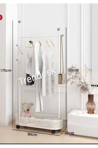 Ayaklı Beyaz Konfeksiyon Askısı Metal Elbise Askılığı Oval Sepetli Askılık Tekerlekli 175 Cm 6006 Beyaz