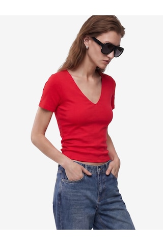 Koton Pamuklu Slim Fit Kısa Kollu V Yaka Tişört Kırmızı 6sak50425ek