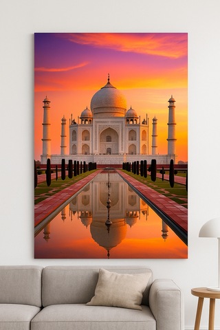 Taj Mahal Gün Batımı Cam Tablo Aşkın Ve Zarafetin Sembolü, Modern Dekoratif Sanat