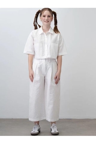 Kız Çocuk Crop Gömlek Poplin Pantolon Takım-15793 Beyaz