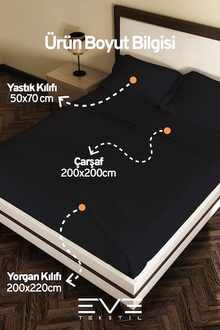 Eve Tekstil %100 Pamuk Ranforce Çarşaflı Yastık Ve Yorgan Kılıflı Çift Kişilik Nevresim Takımı 200x220 Cm Siyah