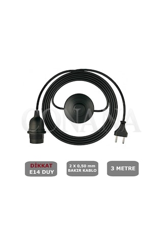 E14 Duylu 3 Metre Yerpuarlı Aç Kapat Anahtar Fişli Seyyar 2x0,50 Siyah