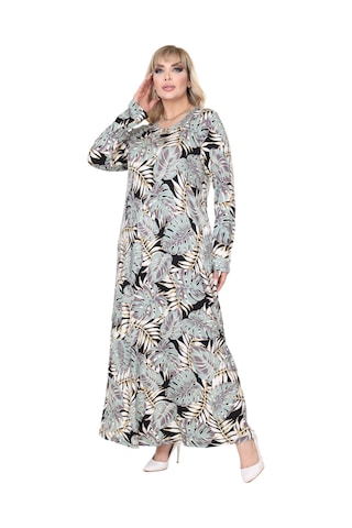 Melsay Butik Yeşil Beyaz Tropik Desen Uzun Kollu Kadın Tesettür Elbise Yeşil